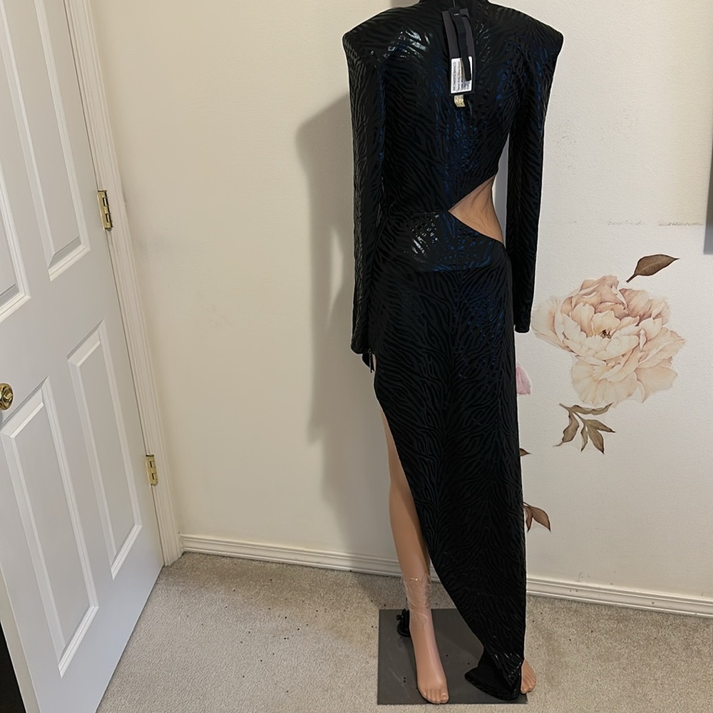 NEW Bronx and Banco Ricky Zebra Gown in Black mesh sheer cutout long sleeve - Picture 3 of 11